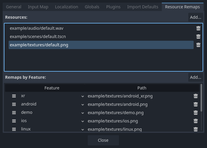 Resource Remaps project settings screenshot
