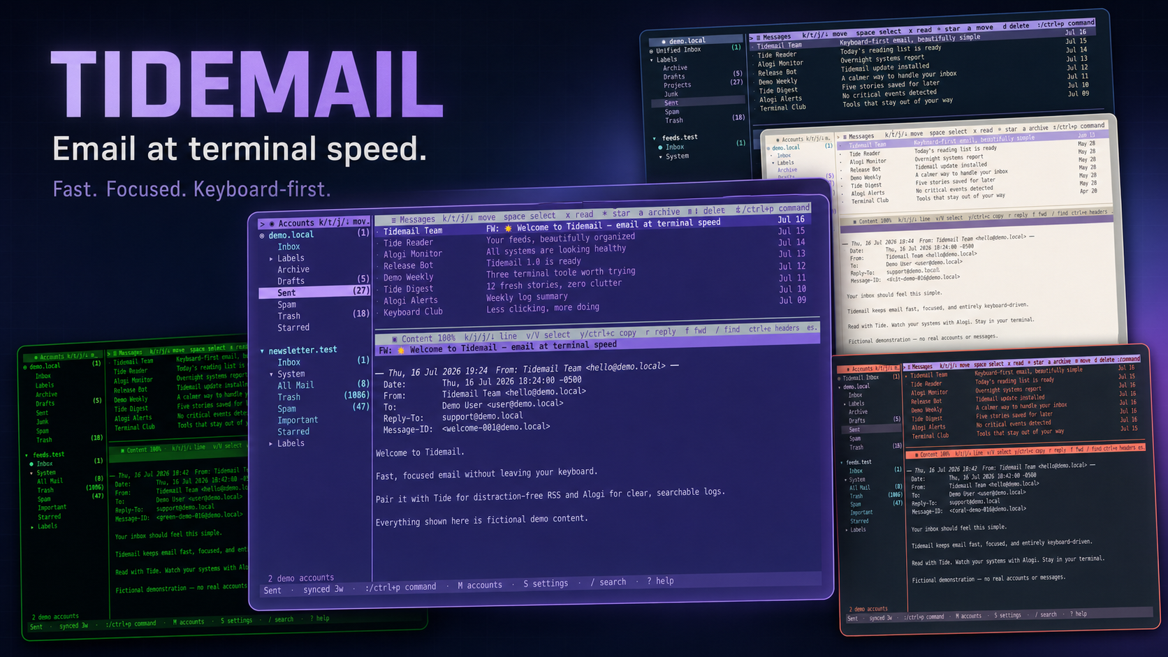 TideMail running in several terminal themes