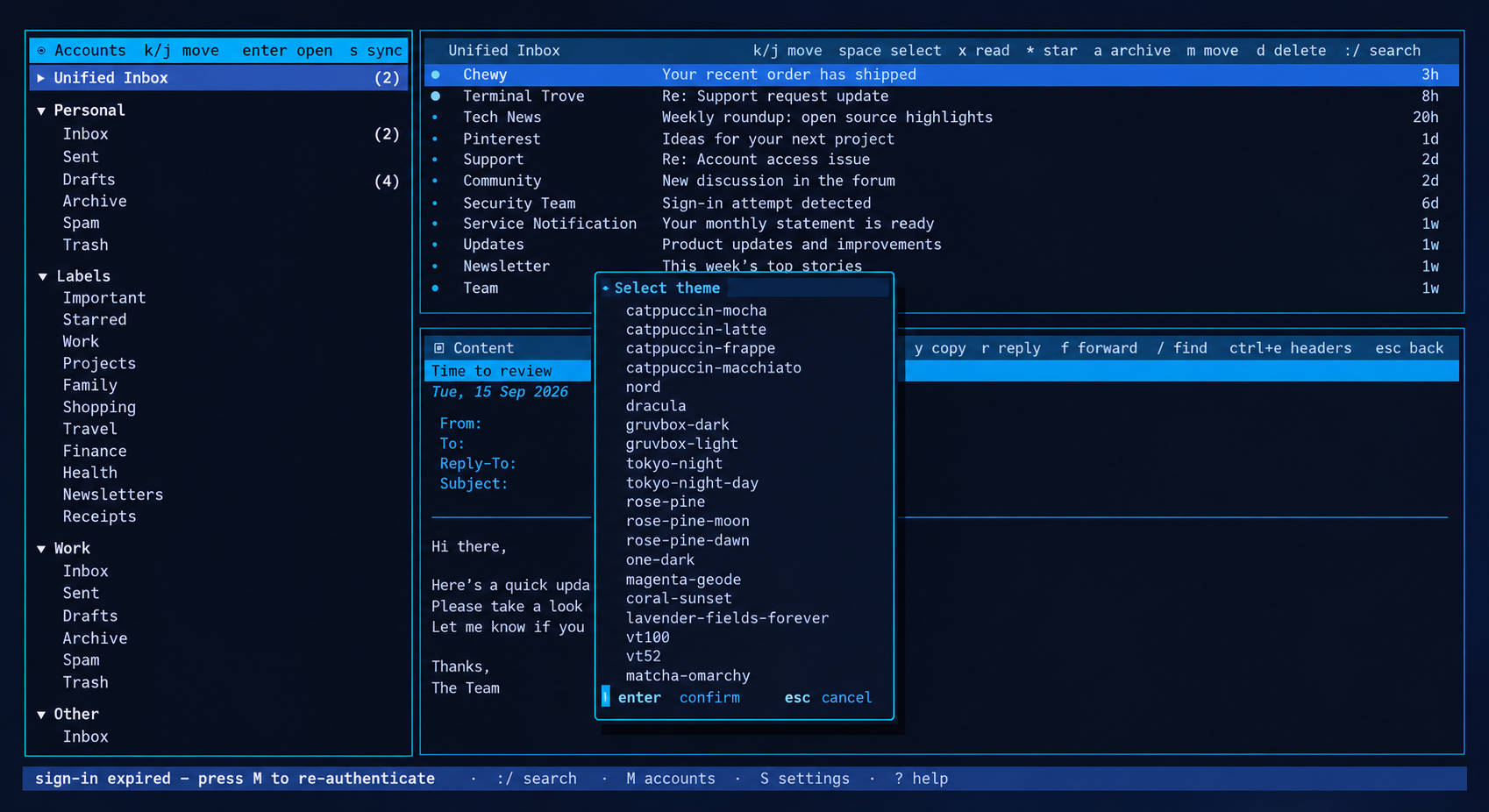 The three panes, with the theme picker open