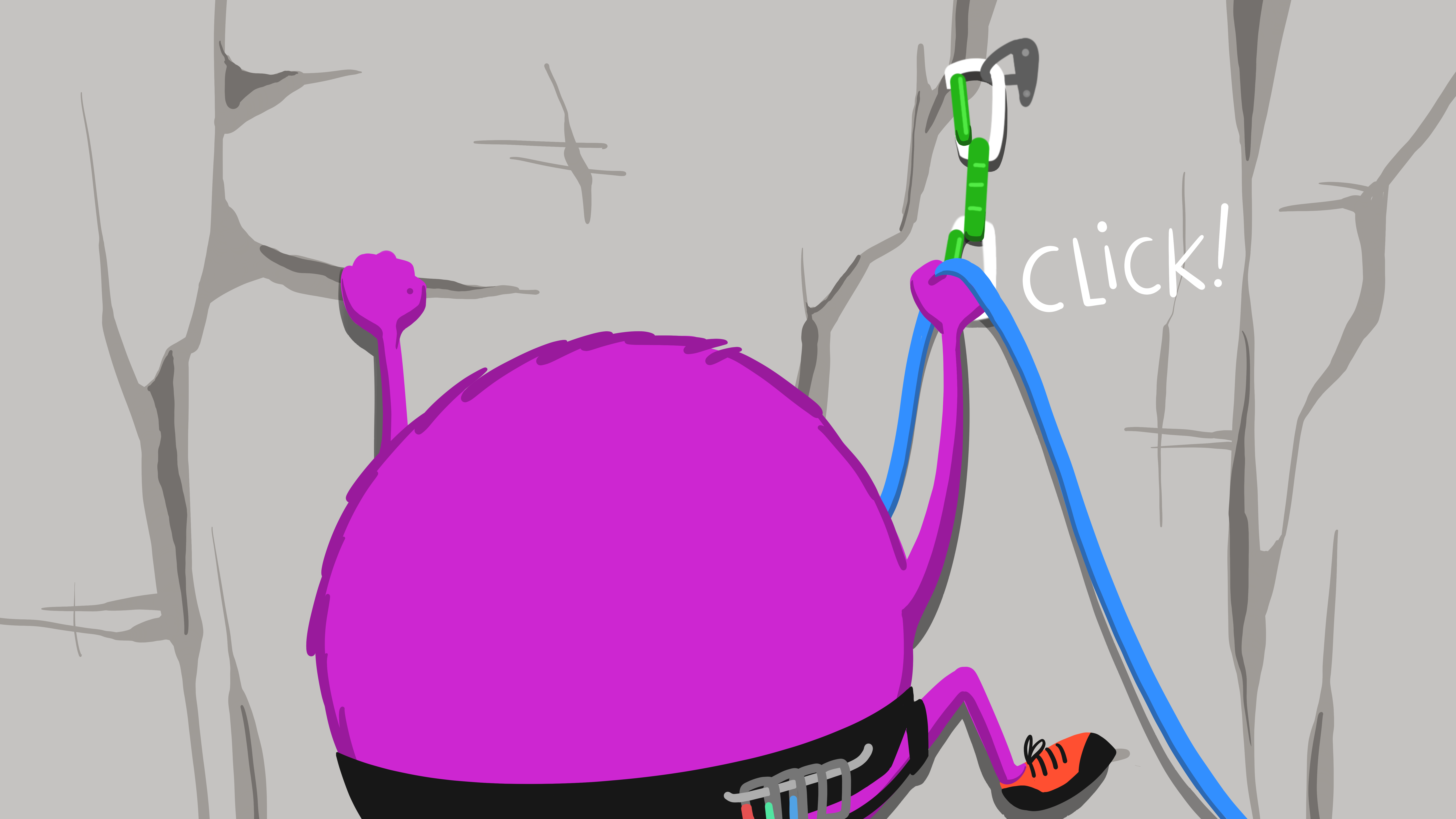 A close-up rear view of a monster climbing a rock face, clicking into an anchor point, with the word 'Click!'.
