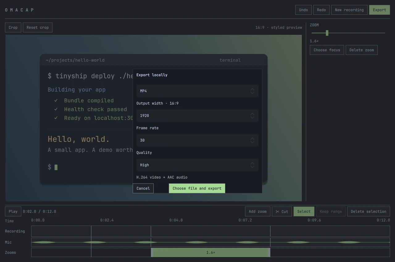 OmaCap's local export dialog with MP4, output width, frame rate and quality settings
