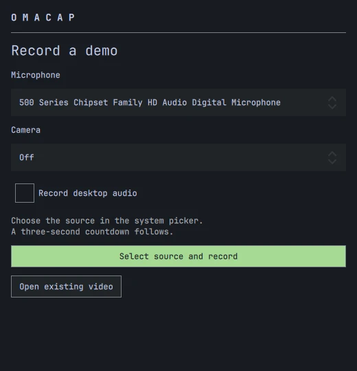 OmaCap recorder with microphone, camera and desktop audio options