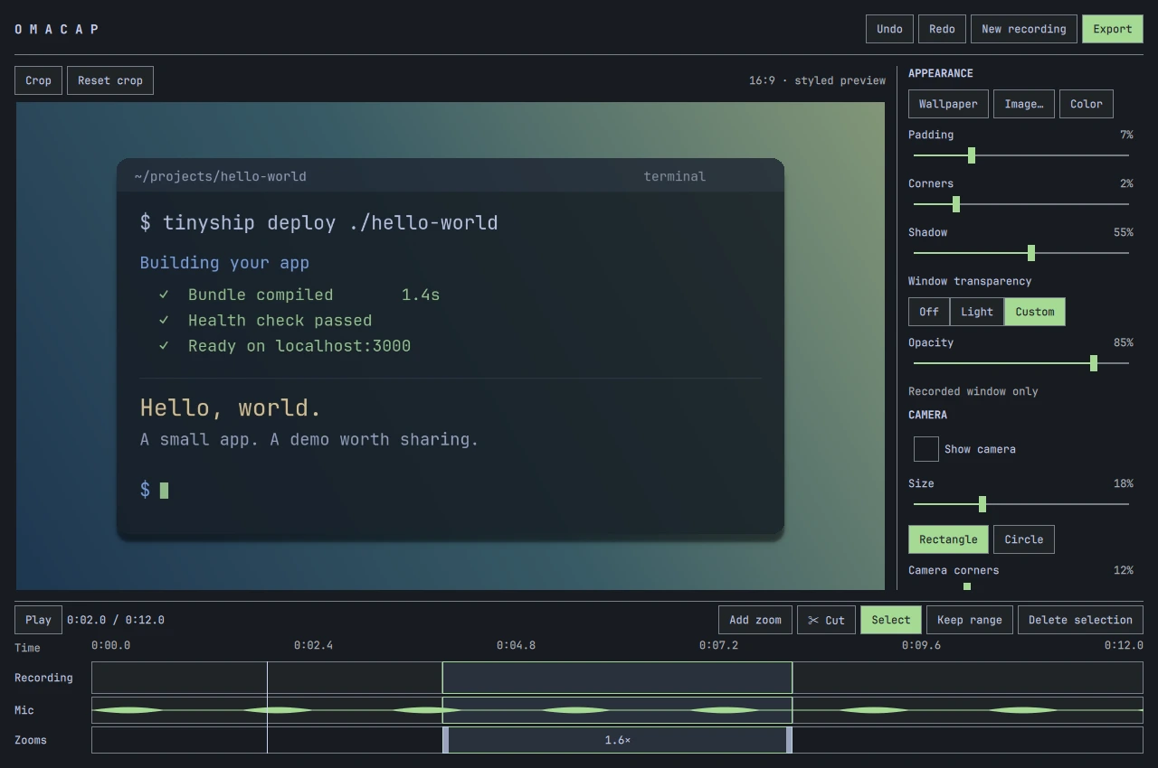 OmaCap Studio showing a translucent terminal demo over a wallpaper, custom opacity controls and a zoom section on the timeline