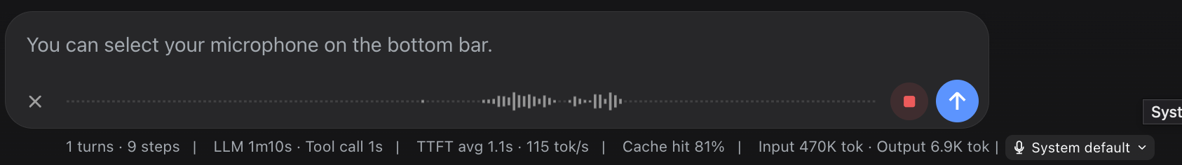 Live transcription and microphone selection in DeepSeek Harness