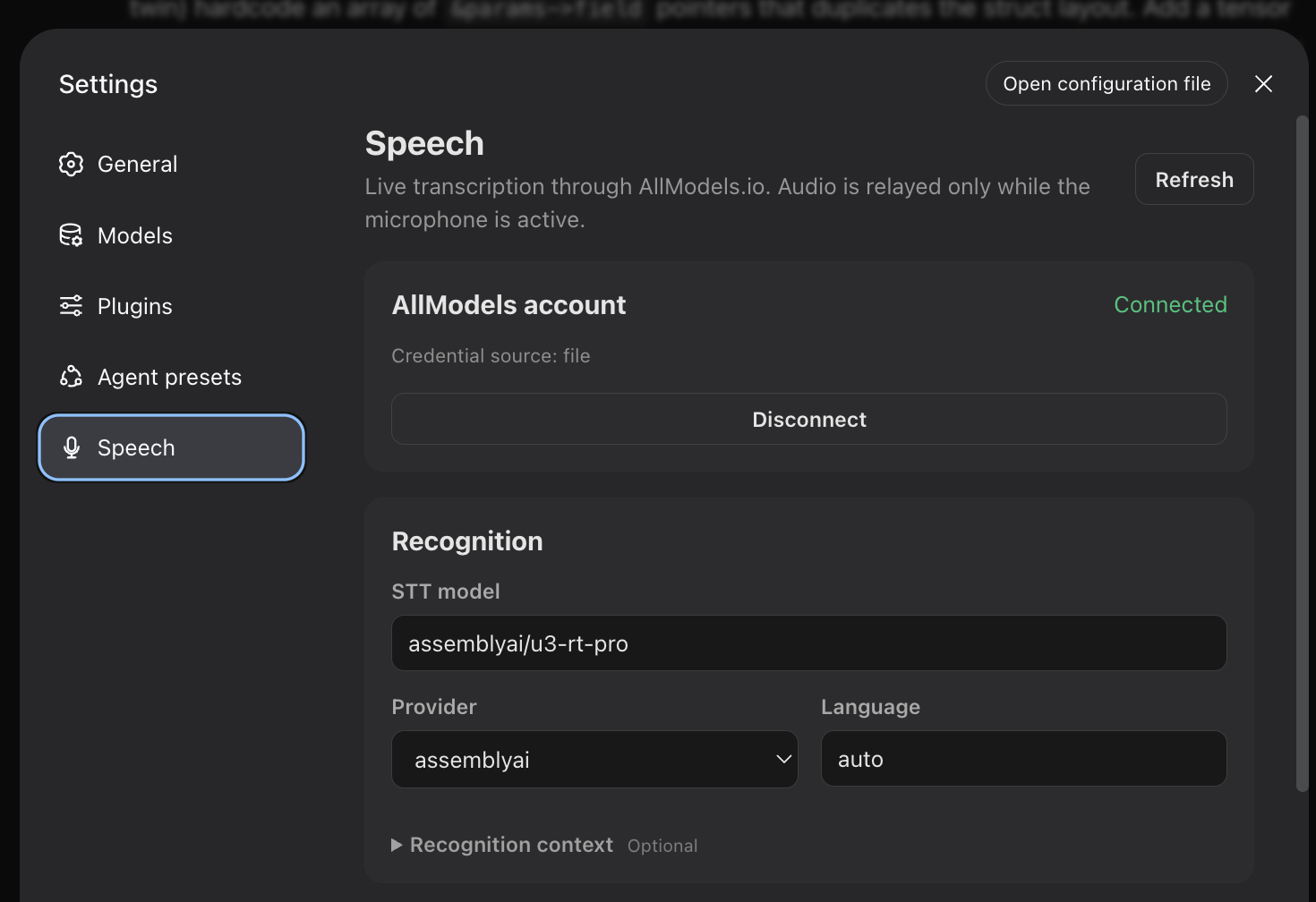 Speech recognition settings in DeepSeek Harness