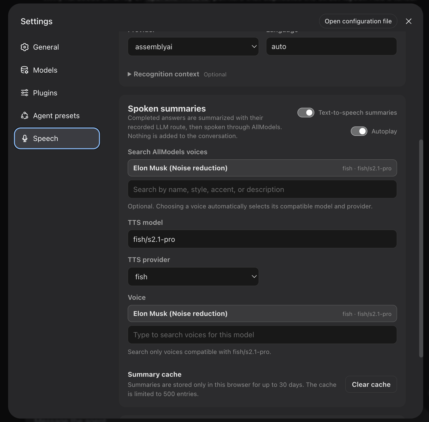Spoken summary and voice settings in DeepSeek Harness