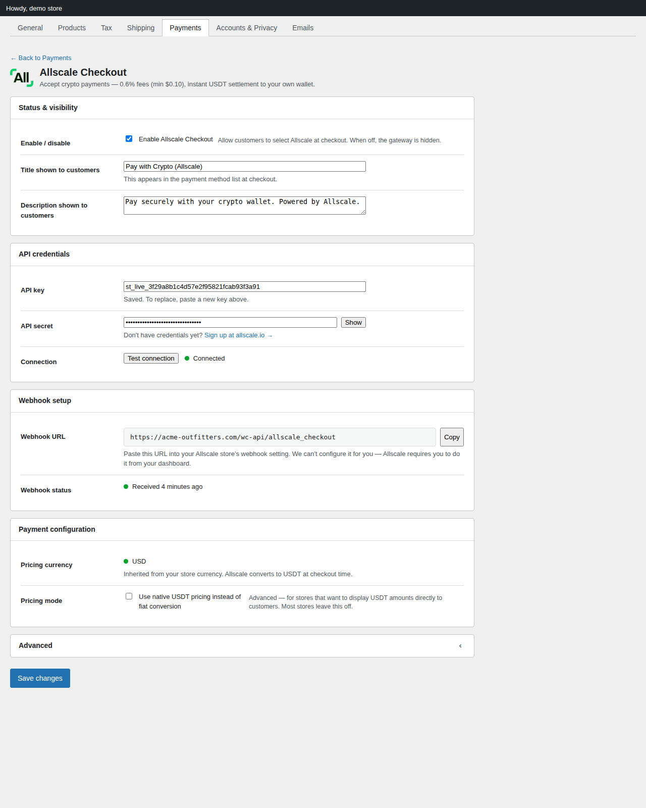 Settings page in healthy steady state