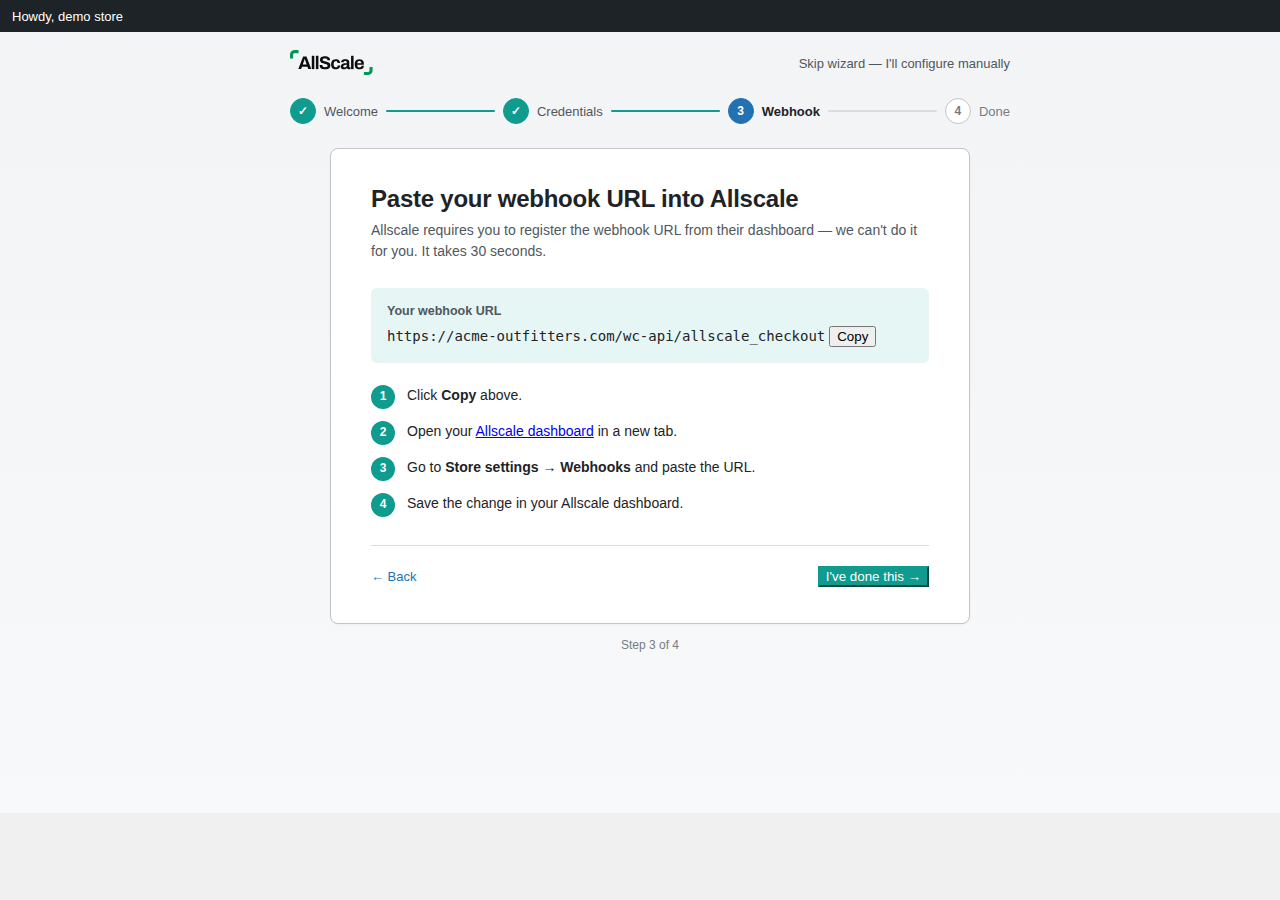 Setup wizard — webhook step