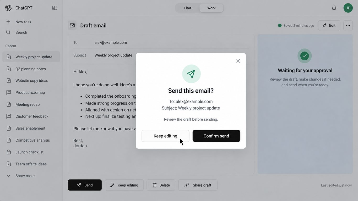 Review before send, delete, share, or pay