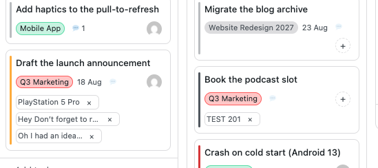 Cards with project chips, attachments, comment counts and assignees