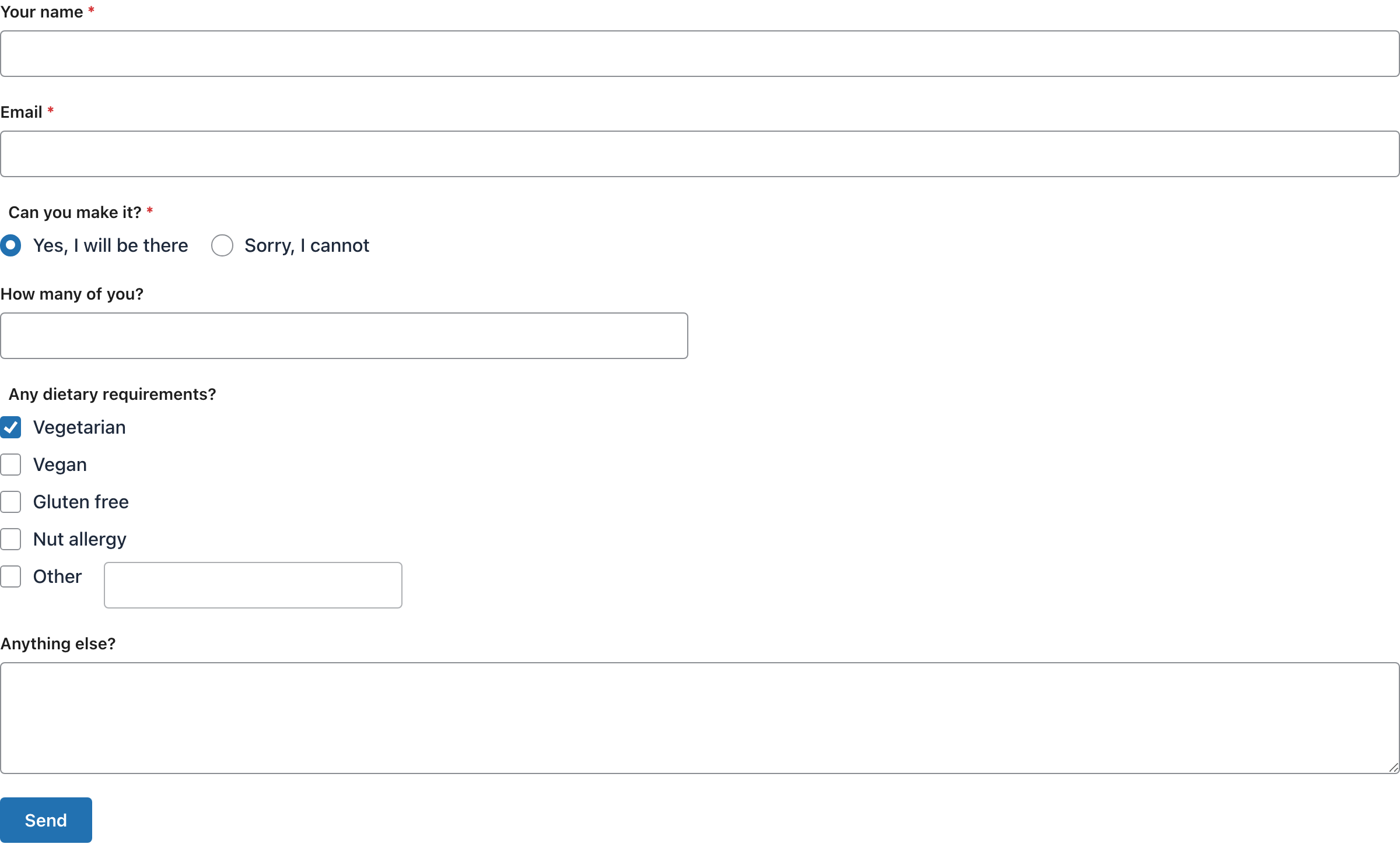 The same form on the front end of a site, in the Clean theme