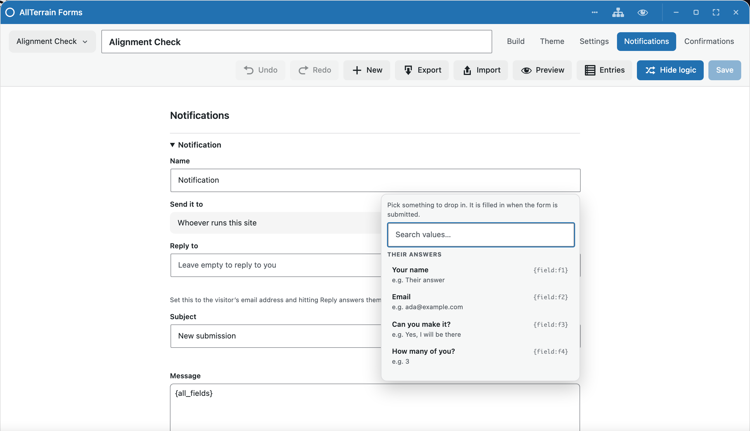 The Notifications pane with the Insert a value picker open, listing the form's own questions by label with an example of what each resolves to