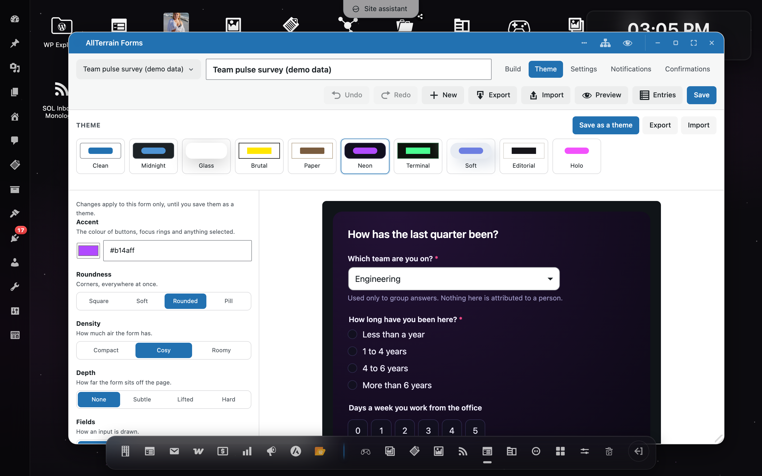 Theme Studio: the ten built-in themes across the top, plain-language dials on the left, a live form preview on the right