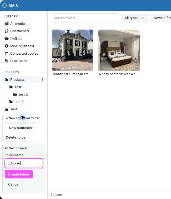 Inline folder creation showing the top-level destination