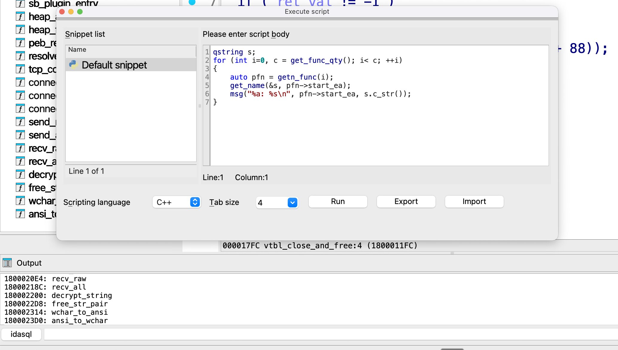 idacpp on macOS — snippet editor listing functions