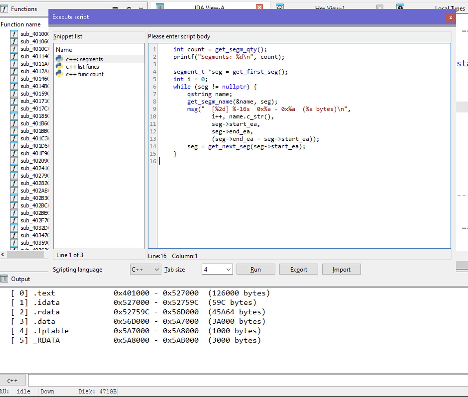 idacpp on Windows — snippet editor with segment listing