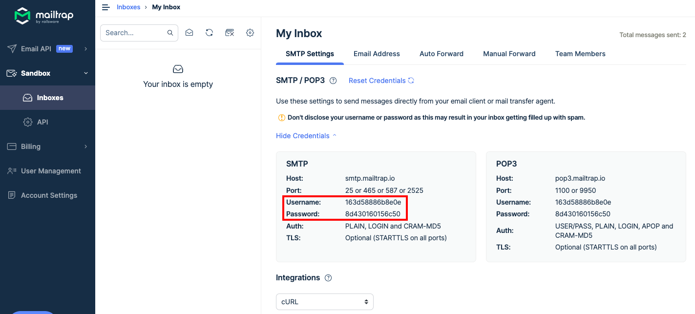 Credenciais SMTP Mailtrap