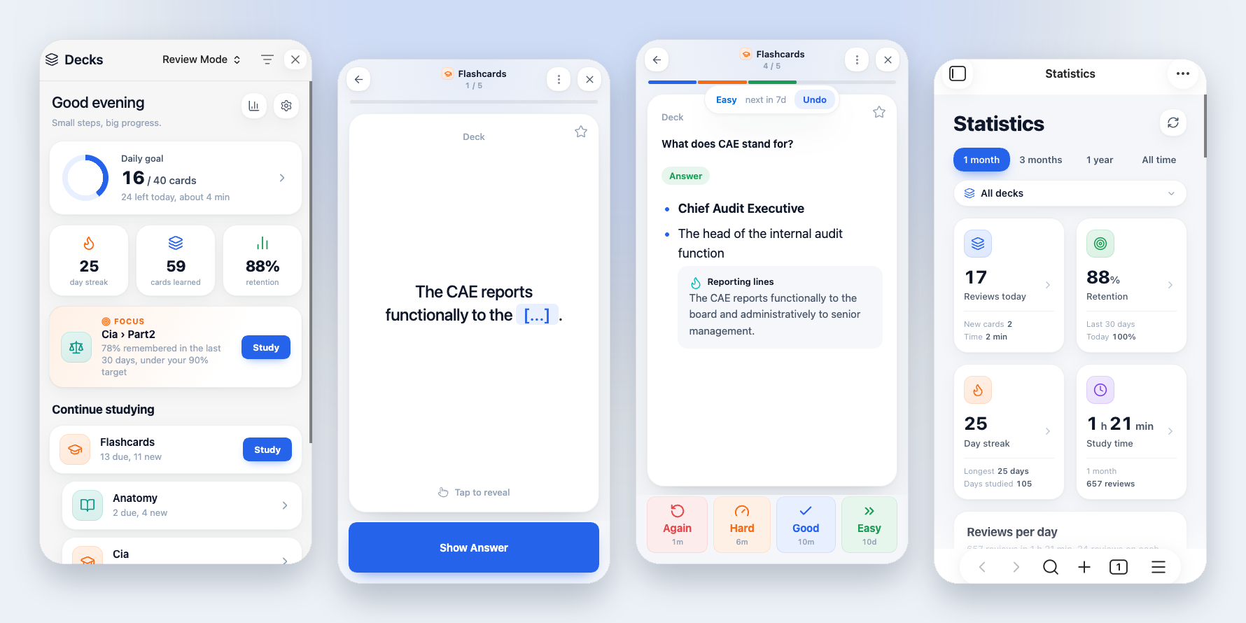 Flashcard Studio on a phone: the home screen with the daily goal and a focus deck, a question, a session in progress with its answer-coloured progress bar, and the statistics