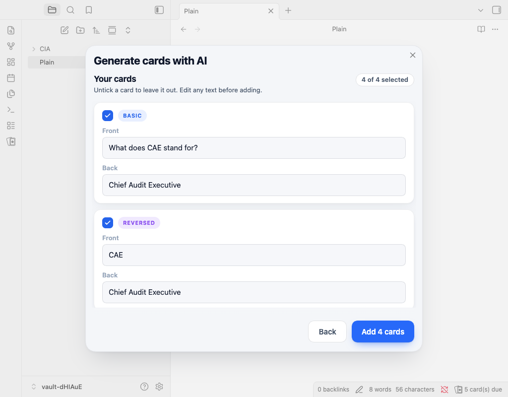 The preview of generated cards: a basic, a reversed, a cloze and a multiple choice card, each with a checkbox and editable text