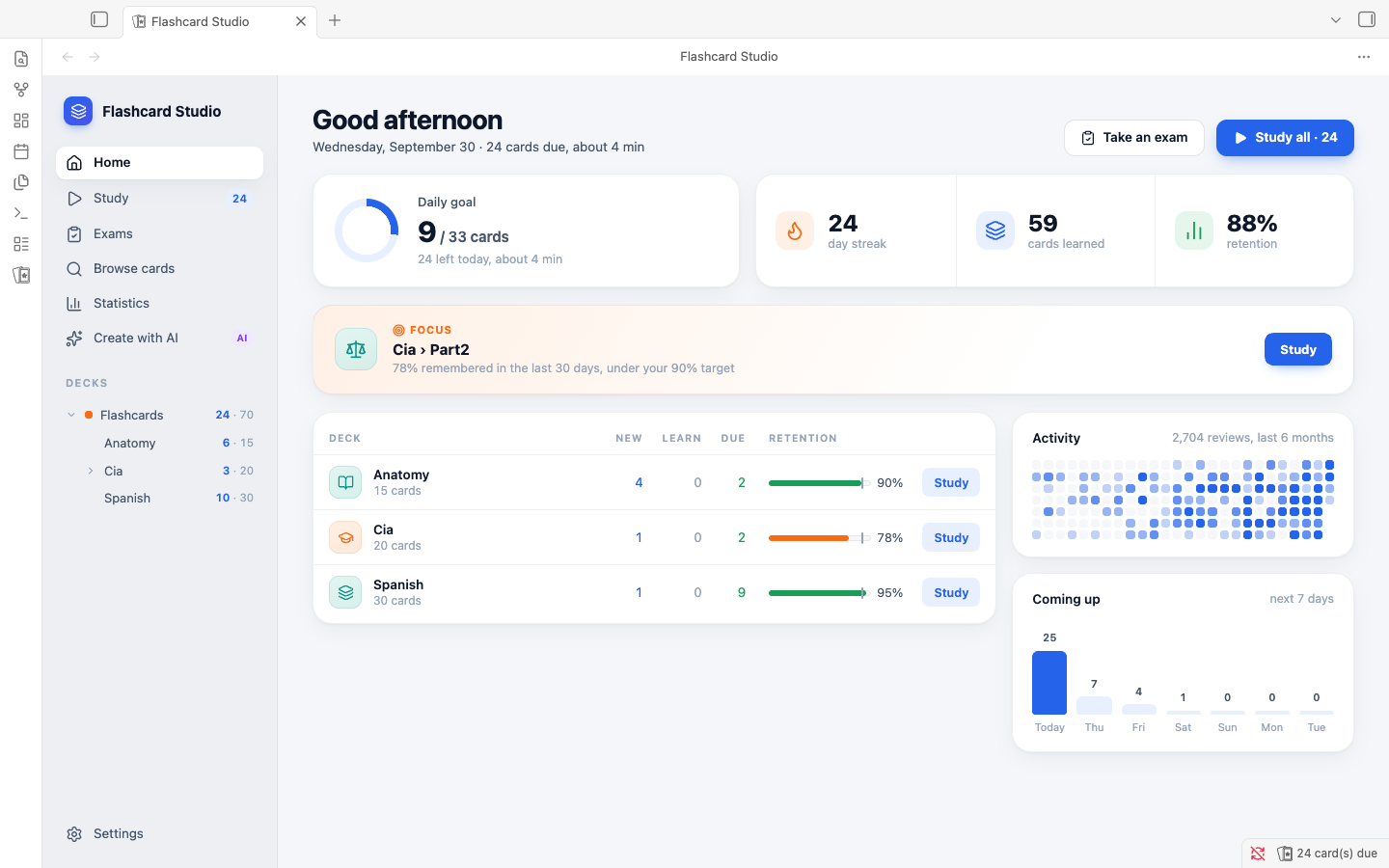 The desktop home: the sidebar with Home, Study, Exams, Browse cards, Statistics and Create with AI above the deck tree, and a dashboard with the daily goal, the streak, the decks, the activity and the next seven days