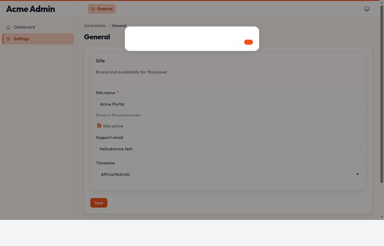 General settings page in dark mode