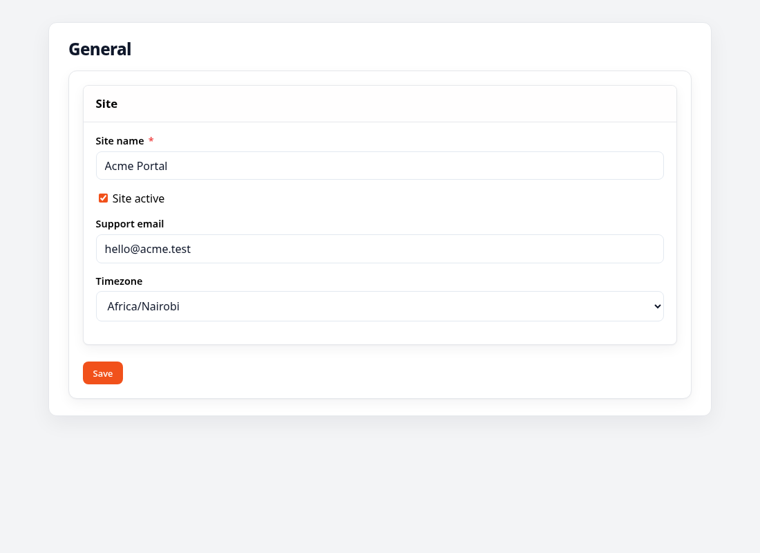 General settings form fields