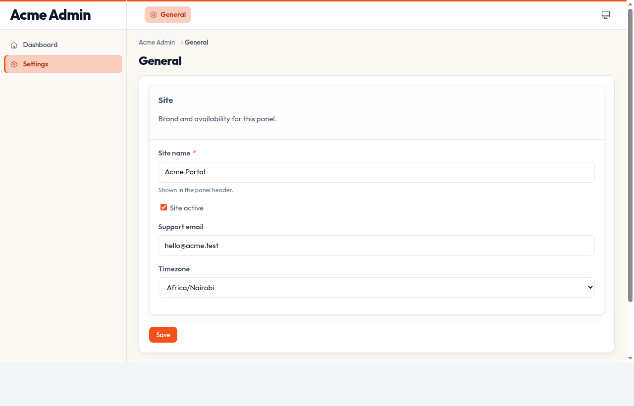 General settings page in an Orbit panel