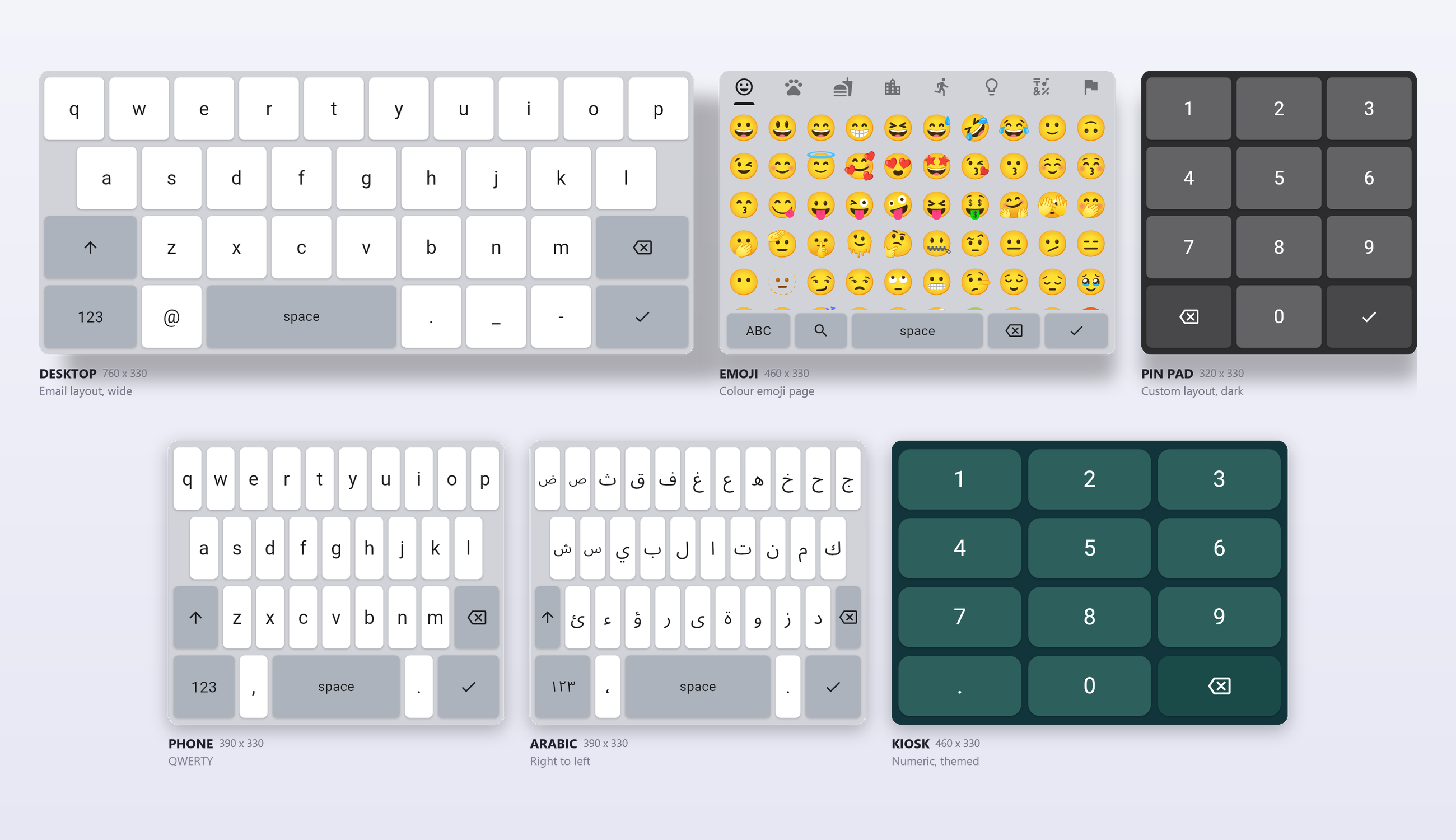 Six virtual_keypad on-screen keyboards side by side: a wide desktop email layout, the color emoji page, a dark custom PIN pad, phone QWERTY, Arabic right to left, and a themed numeric kiosk keypad