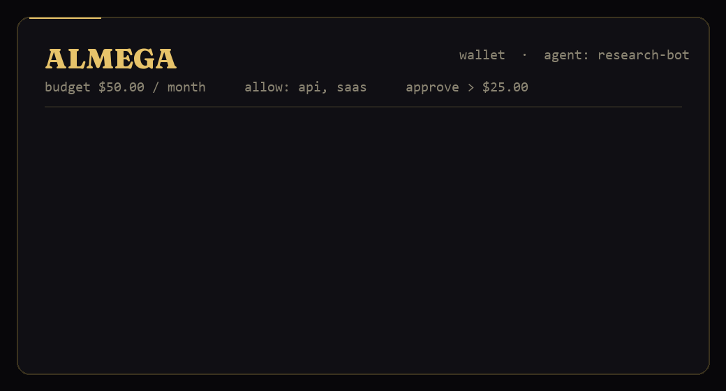 An AI agent attempts three payments — Almega approves one, holds one for human approval, and blocks one — in real time