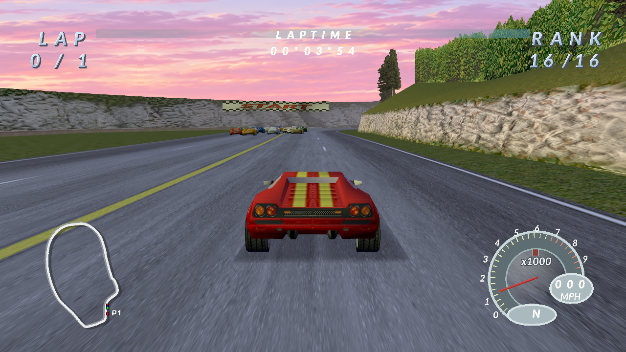 Sixteen cars at the start line with the HD pack