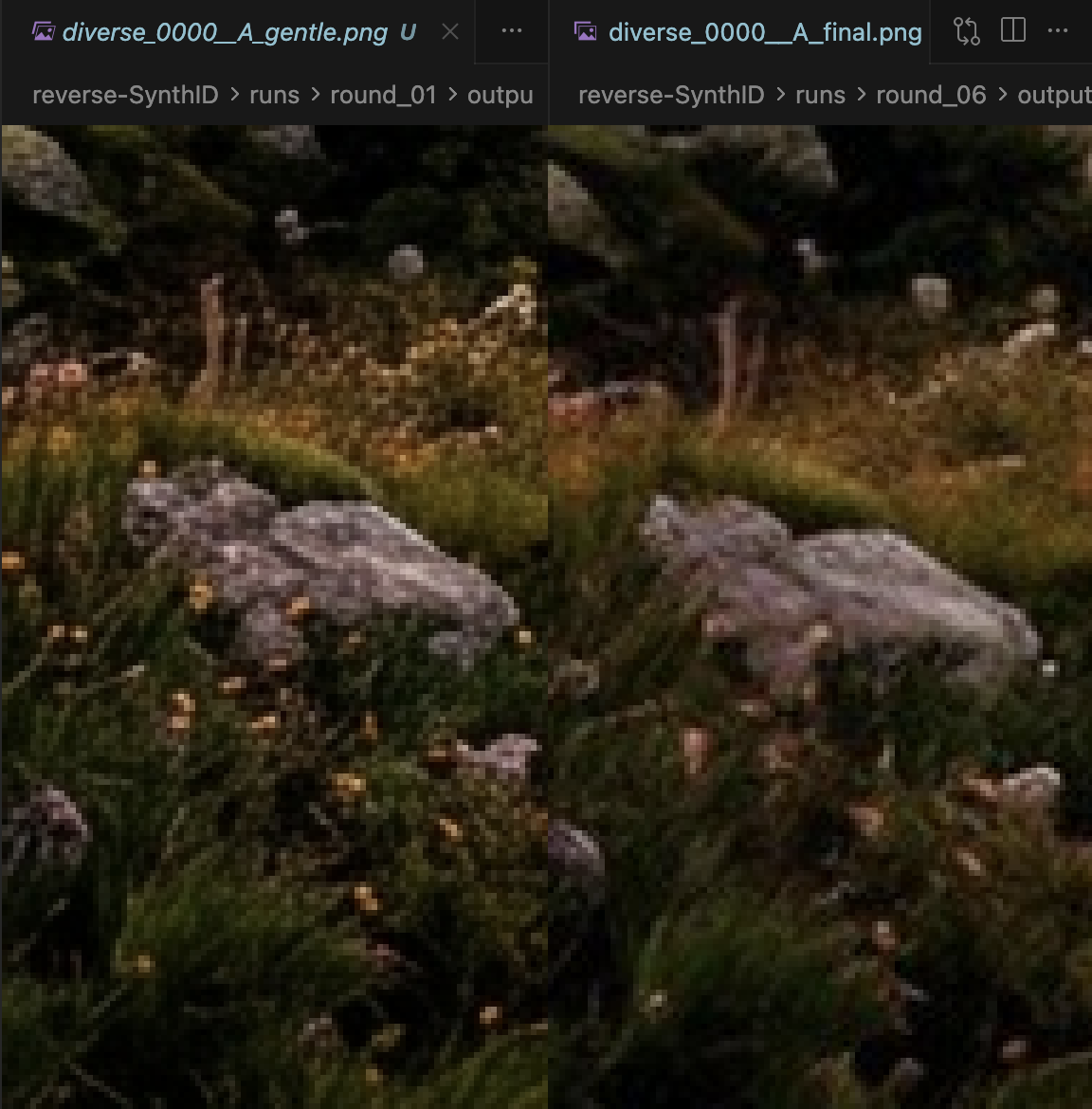 Side-by-side comparison of Round 01 (gentle spectral only) vs Round 06 (all-in-one) on the same source image