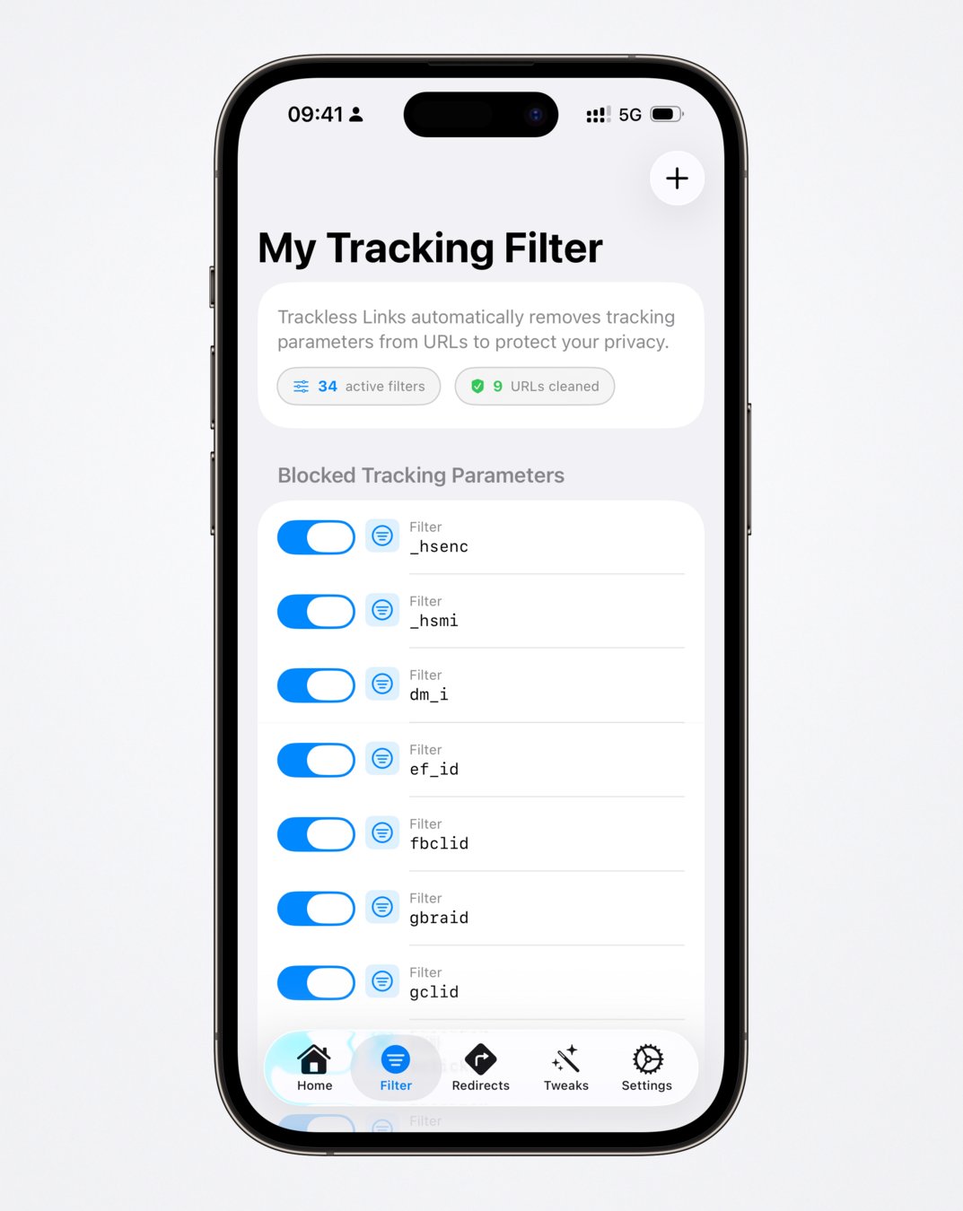 URL tracking filter list