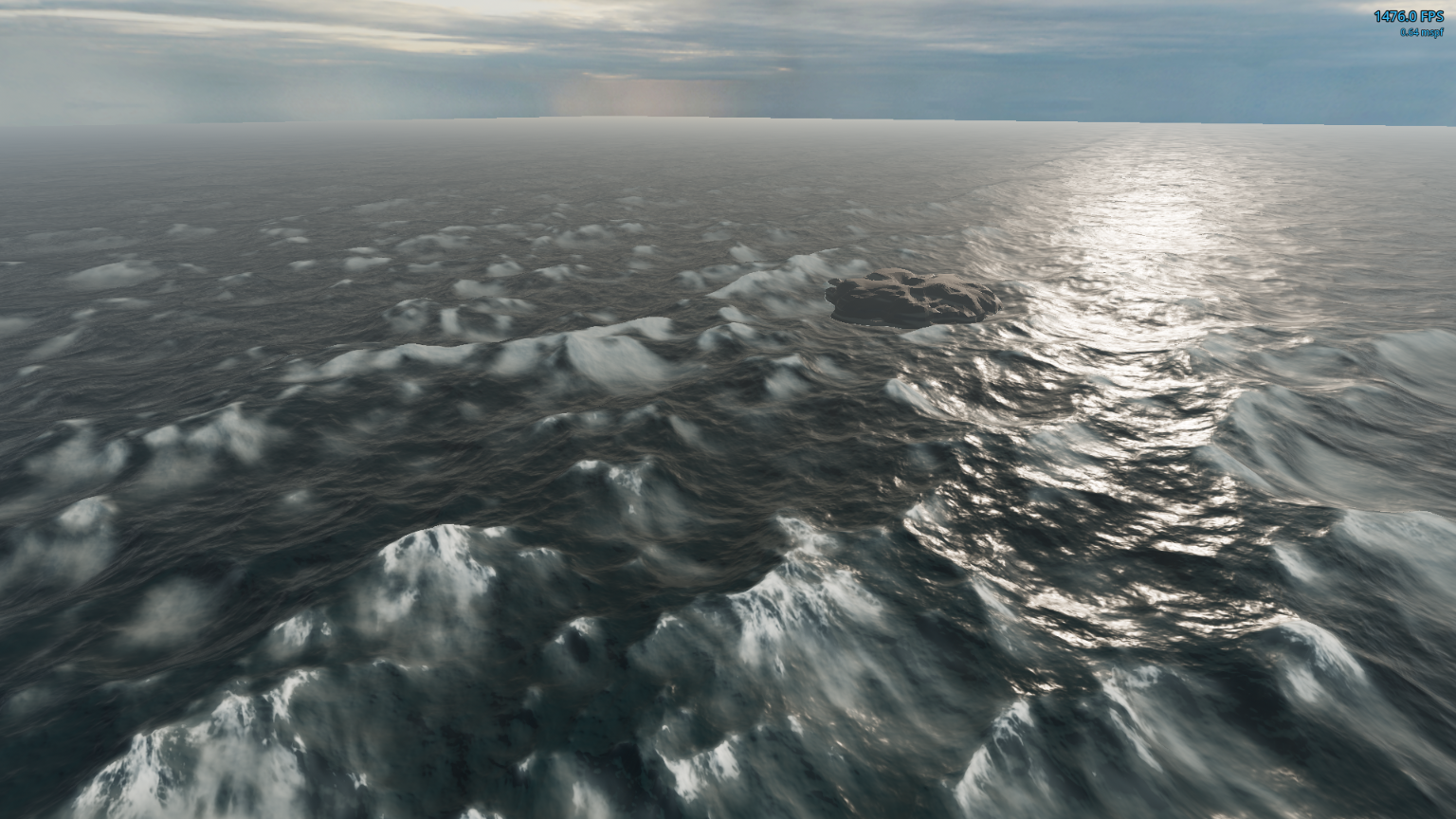 The ocean at the demo's default view: breeze preset, crest foam dissolving into trails, sun glint behind a rock island