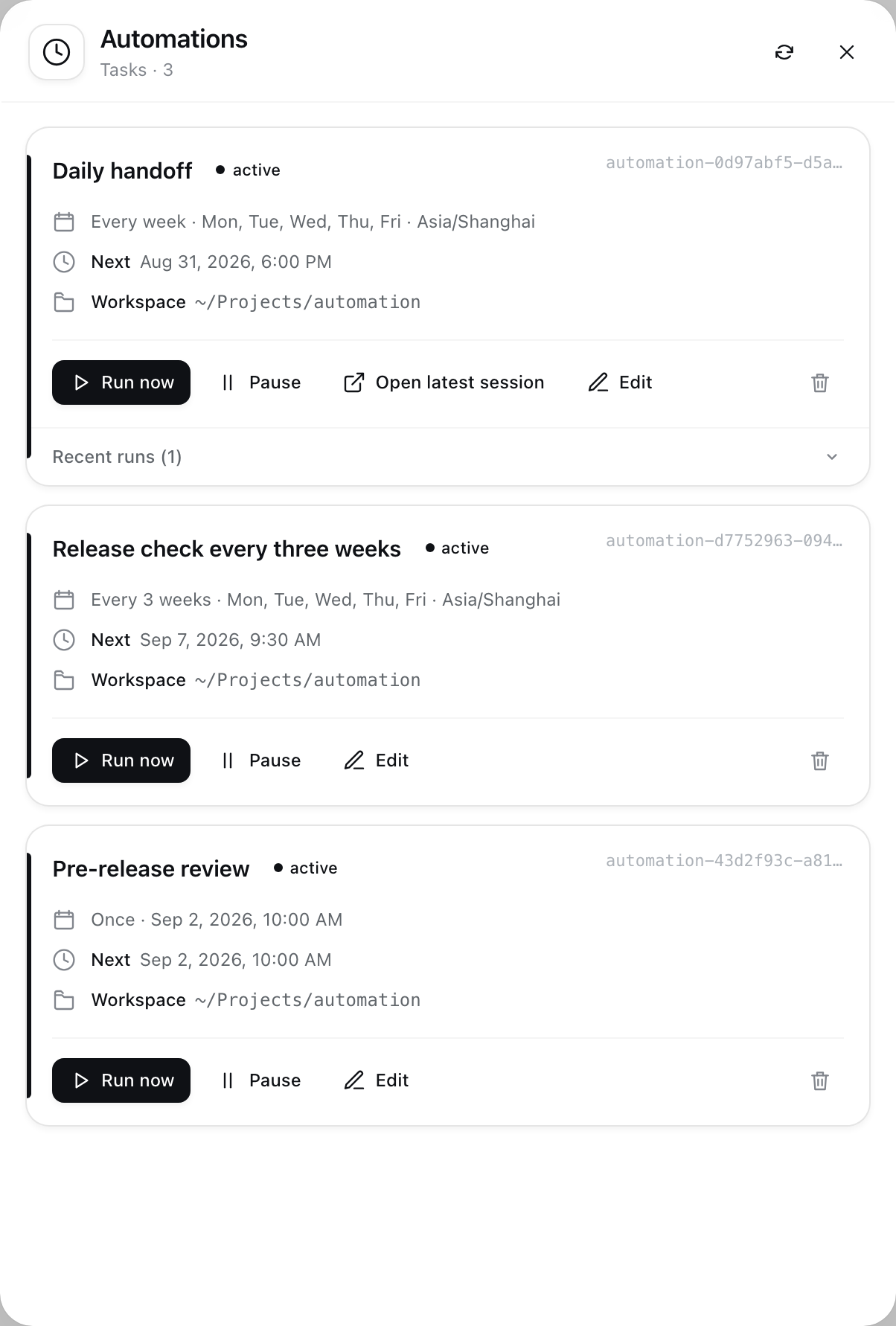 Automation task list, run state, and quick actions