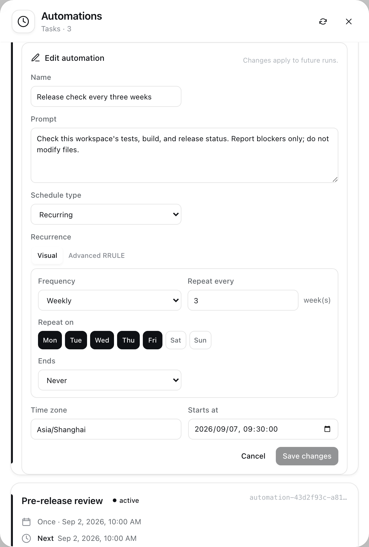 Visual recurrence editor