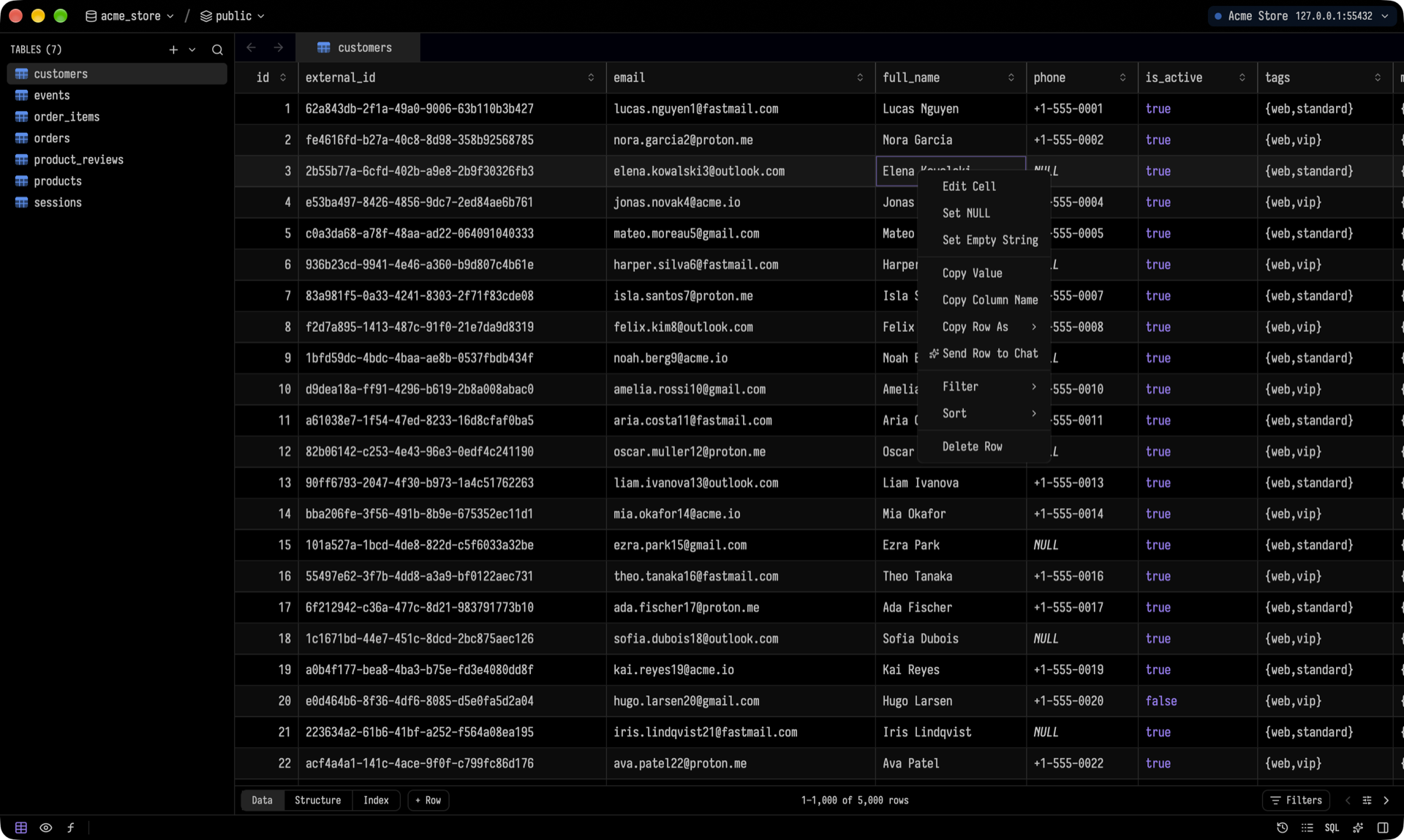 Row context menu