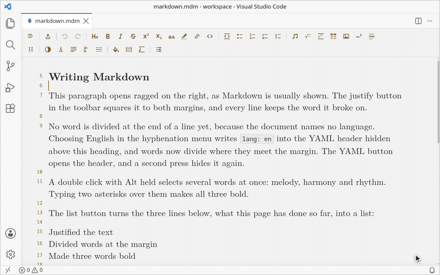 In Latin Modern on MDM Light, the toolbar justifies the text, and English chosen from the hyphenation menu divides its words and writes lang: en into the YAML header that the YAML button shows and hides. Three words turn bold as two asterisks are typed over them, three lines become a list, a phrase is highlighted, a table is filled cell by cell and a pasted picture is saved beside the document. Under an equation numbered at the margin, a citation typed as its key is drawn as the page prints it, and a click on its work, listed at the end, opens the bibliography beside the document at its entry.