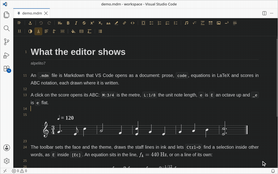 The toolbar sets the document in Latin Modern, switches it to MDM Light, draws the staff lines in ink and lets Ctrl+D match inside words. A click on the score opens its ABC, and Ctrl+D selects its four E's, which typing turns into E flats an octave up while the drawing follows. The player sounds the edited tune with a brass playhead on the staff, and the score's export button offers it as MIDI or WAV.