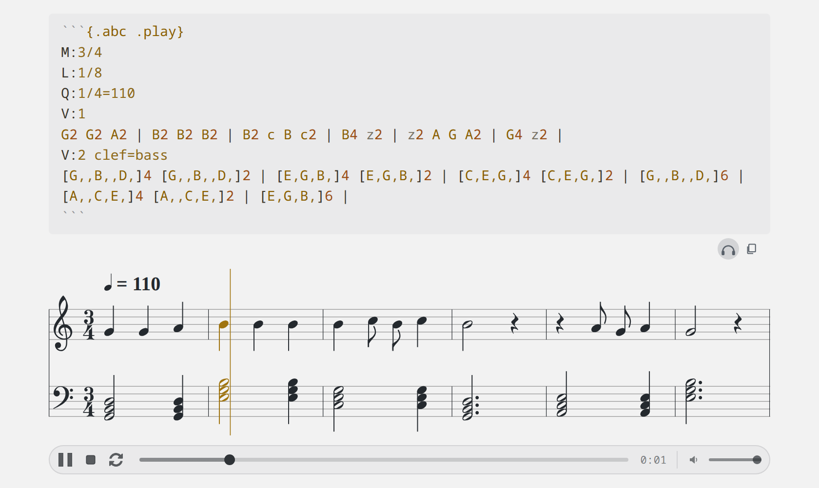 A duet playing with its ABC source open above the engraving: the brass cursor standing across both staves, the two notes it has just reached lit in brass under it, one on each staff, and the player bar underneath