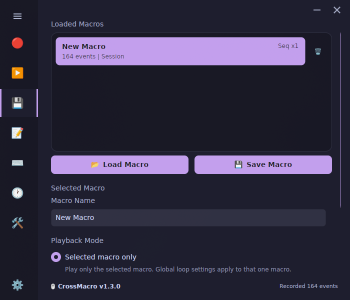 Loaded macro files and sequence playback controls