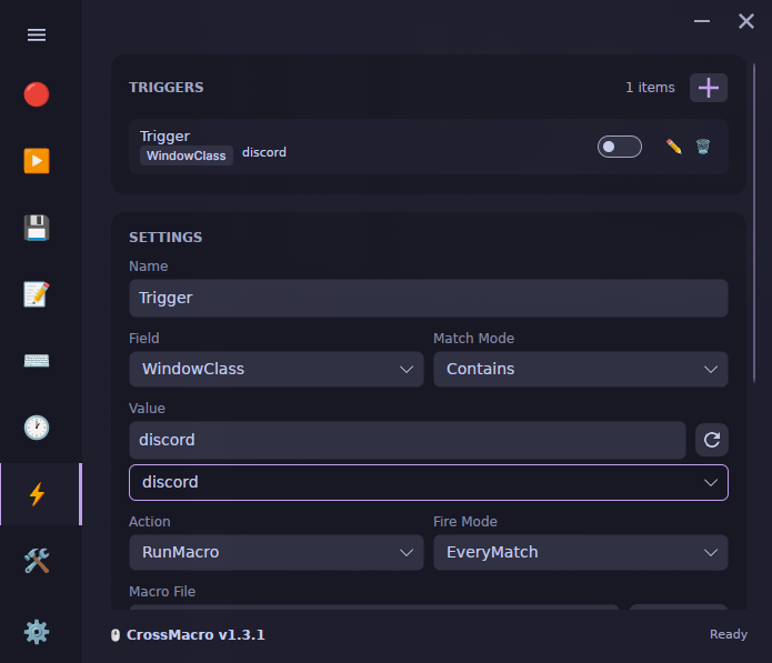 CrossMacro trigger interface for matching the focused window's class, title, or process name, or the active workspace, and running a macro or switching profiles