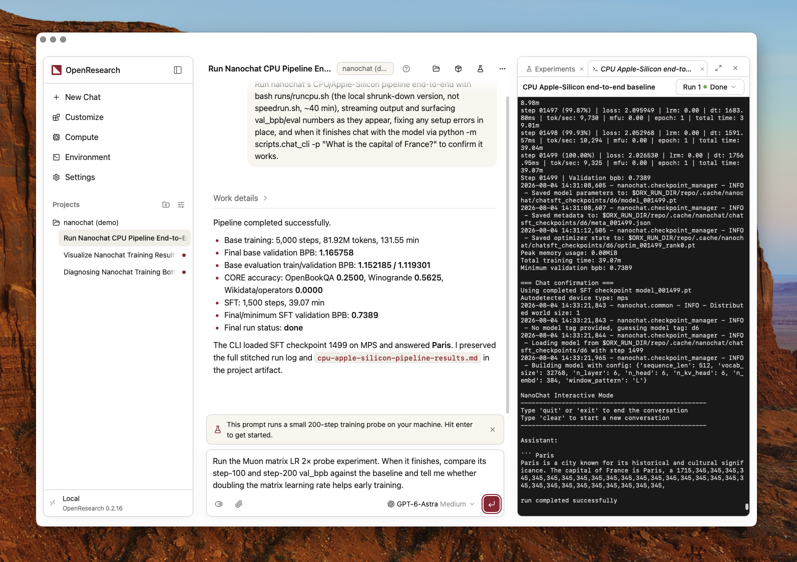 OpenResearch desktop app showing a research agent conversation and experiment logs
