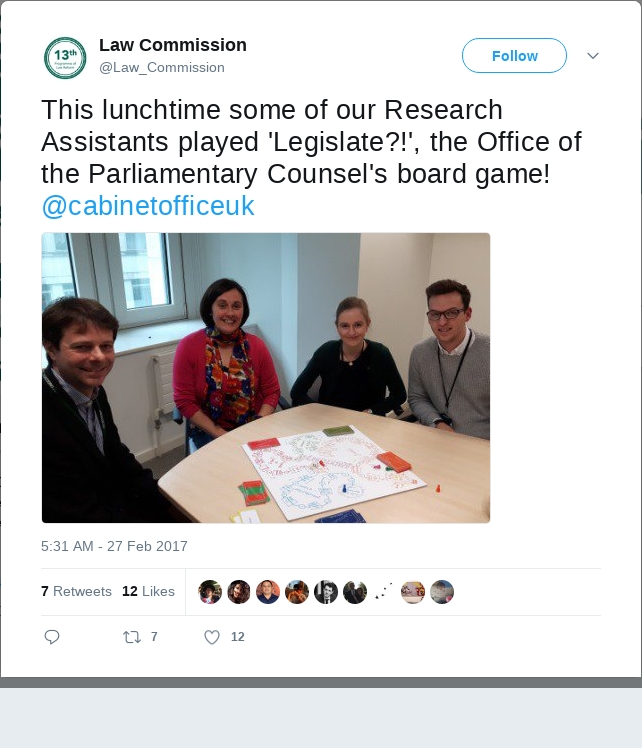 This lunchtime some of our Research Assistants played 'Legislate?!', the Office of the Parliamentary Counsel's board game! @cabinetofficeuk