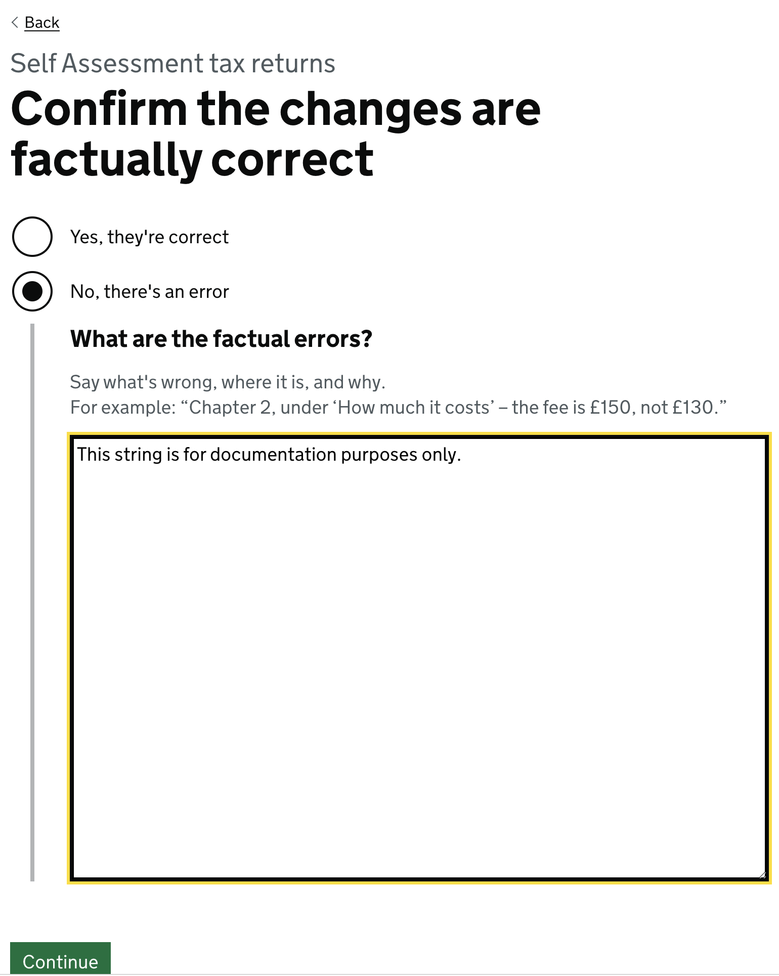 An example of the response view showing the "No, there's an error" checkbox selected. There is a large text area under it to explain the errors, and a submit button