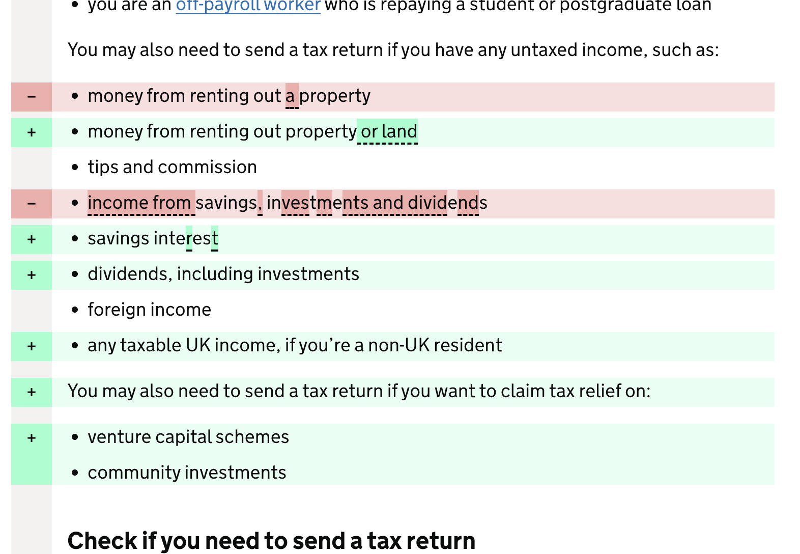 An example of the diff view showing removed and added text highlighted by Red and Green