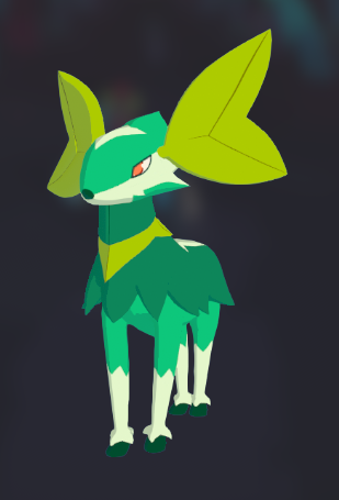 Large, green deer-like animal with leaf-like antlers and leaf-like fur