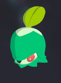 Round creature, green, with a single leaf sprouting from its head