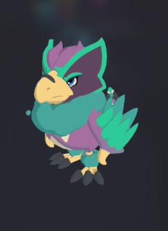 Green and purple fluffy bird, vaguely chicken-shaped