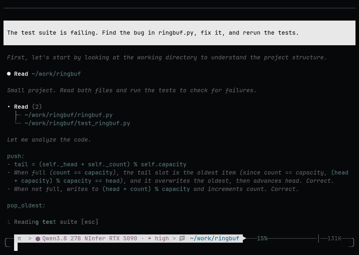 Real recorded OMP coding session against the released RTX 5090 runtime: the agent finds and fixes a ring-buffer bug, reruns the tests to green, then a follow-up turn continues from retained GPU session state through stateful OpenAI Responses rather than re-sending the transcript.