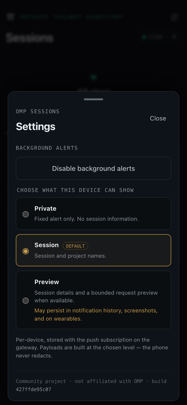 OMP Sessions settings sheet with a Background alerts section, per-device Private, Session, and Preview notification detail levels, Session selected as the default, and a Disable background alerts toggle